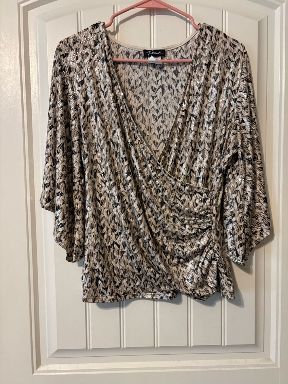 Petite Printed Taupe & Silver Wrap Blouse by Pendleton